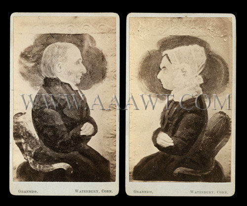 A Very Rare Pair of Miniature Folk Portraits
James and Margaret Barnes
Watercolor on Paper
Attributed to James Sanford Ellsworth (1802/3-1874)
Circa 1850
Depicted in a Pair of Carte de Vistes
Circa 1870, entire view